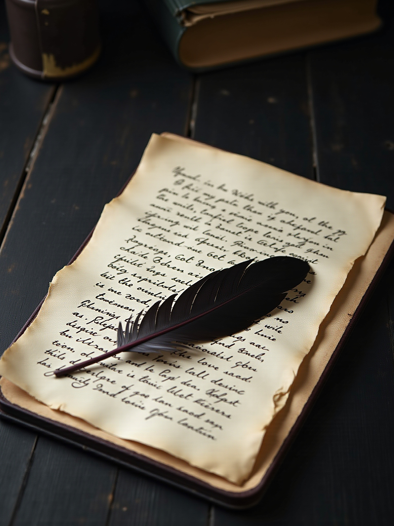Black feather on old paper with writing, on a dark wooden surface. Mysite
