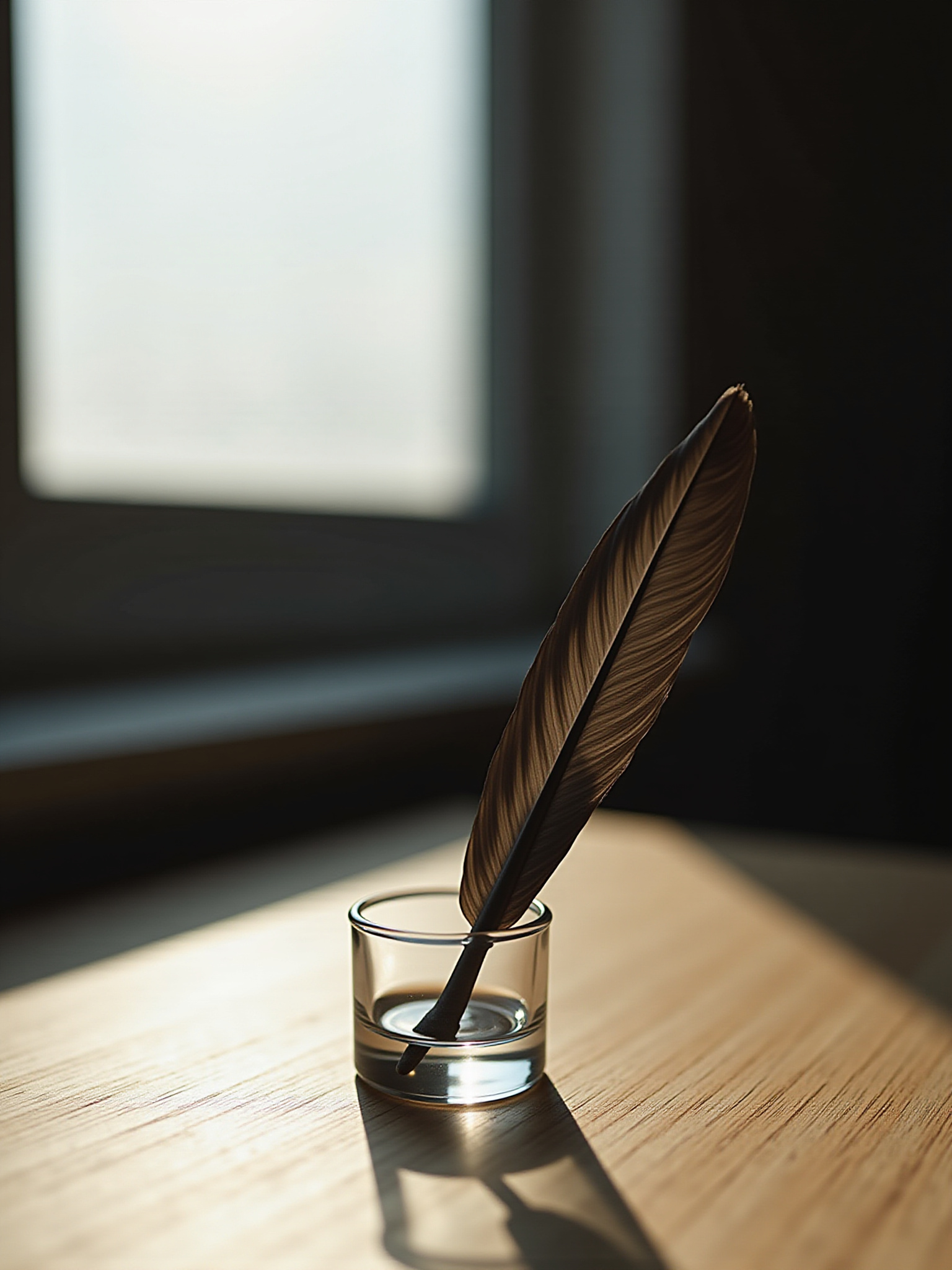 Feather quill in inkwell on wooden table next to window