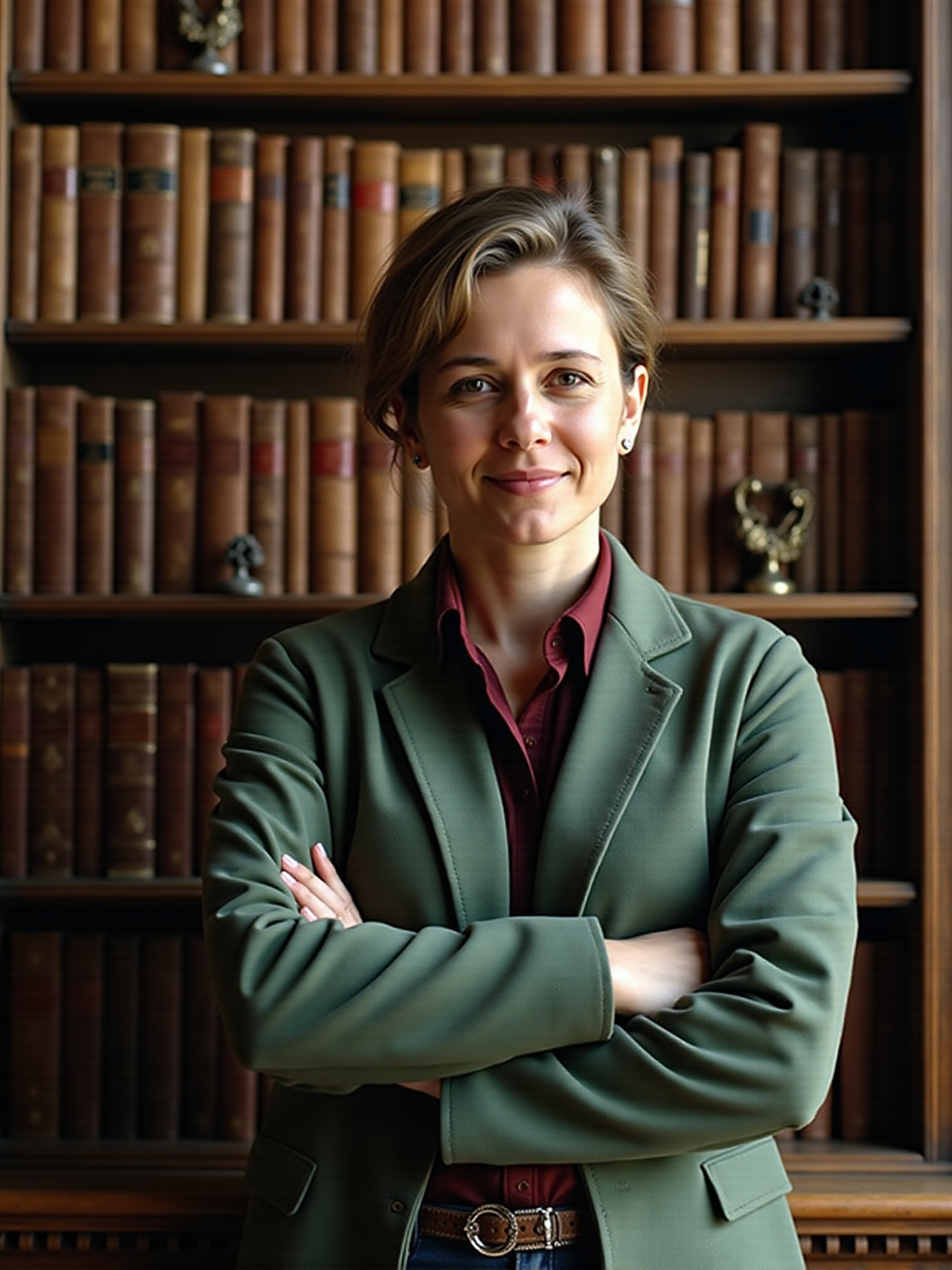 Woman in blazer smiles in front of a bookshelf About books background.