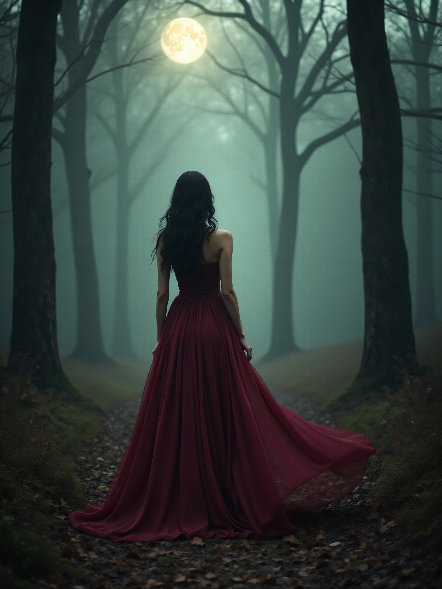 Woman in red dress walking into a dark, foggy forest; mysterious journey