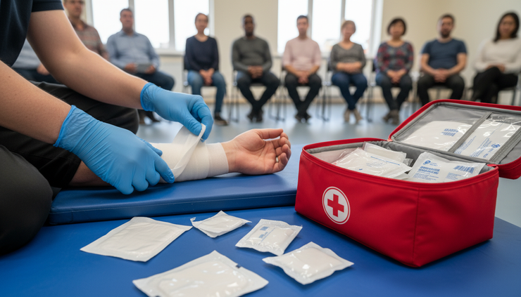 Close-up view of gloved hands applying a training bandage to a forearm