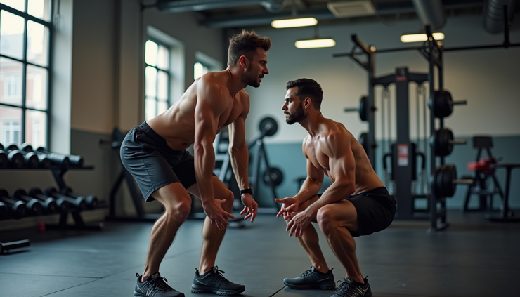 Close-up view of a Fusion Gym expert trainer demonstrating proper squat form to a client