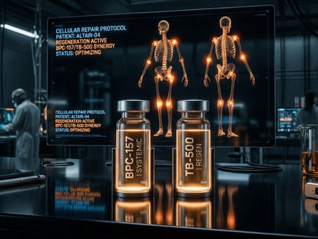 Elite executive holding a sleek peptide vial with a futuristic holographic HUD showing DNA telomere repair and structural regeneration.