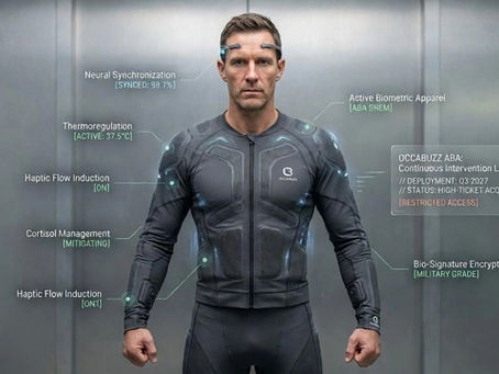 Operator wearing OCCABUZZ Active Biometric Apparel with neural synchronization and haptic flow induction interface, 2030 human engineering standards.