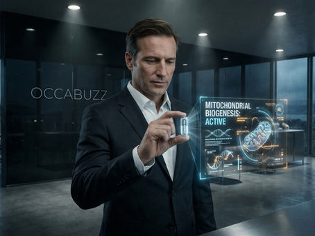 Executive holding a glowing liposomal NAD+ capsule, with a holographic HUD displaying cellular age reversal and mitochondrial biogenesis.