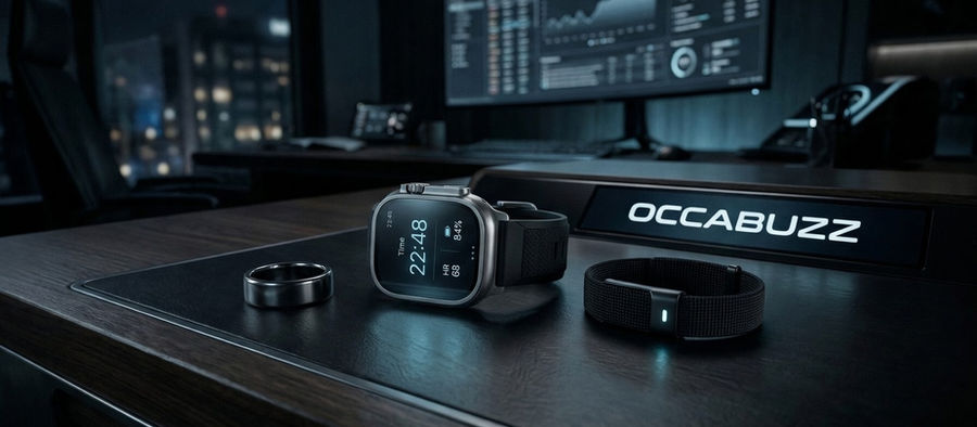 Executive desk in a tech-noir biohacking lab featuring an Oura Ring, Apple Watch Ultra, and WHOOP band.