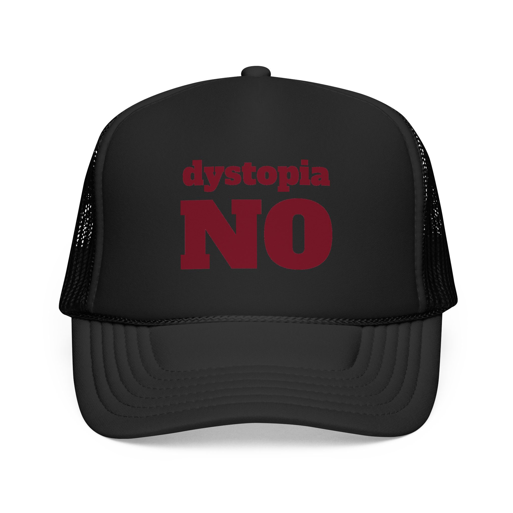 Black mesh trucker hat "dystopia NO" — Incisiv bold protest cap