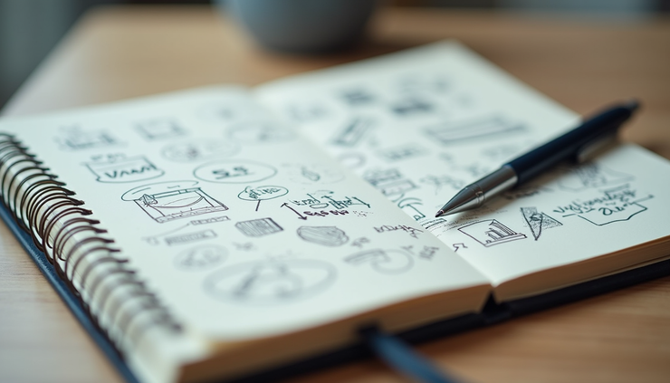 Close-up view of a notebook with handwritten notes and sketches for business ideas
