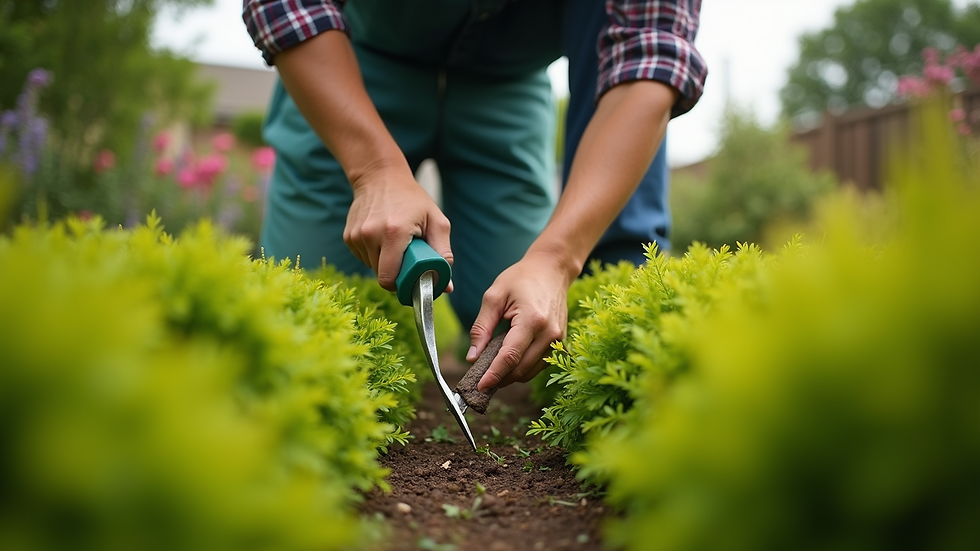 Eye-level view of a gardener trimming shrubs in a well-maintained garden