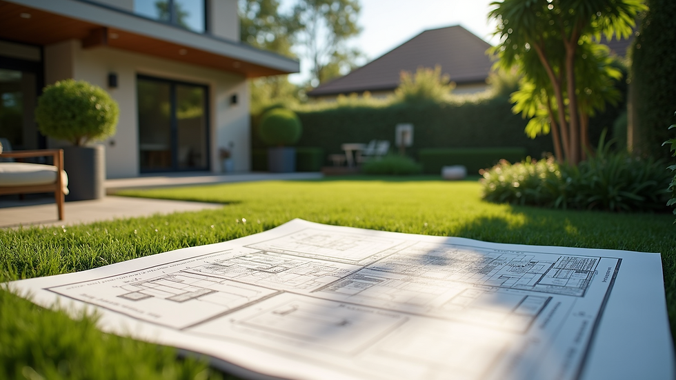 Wide angle view of a backyard with a detailed landscaping plan on paper
