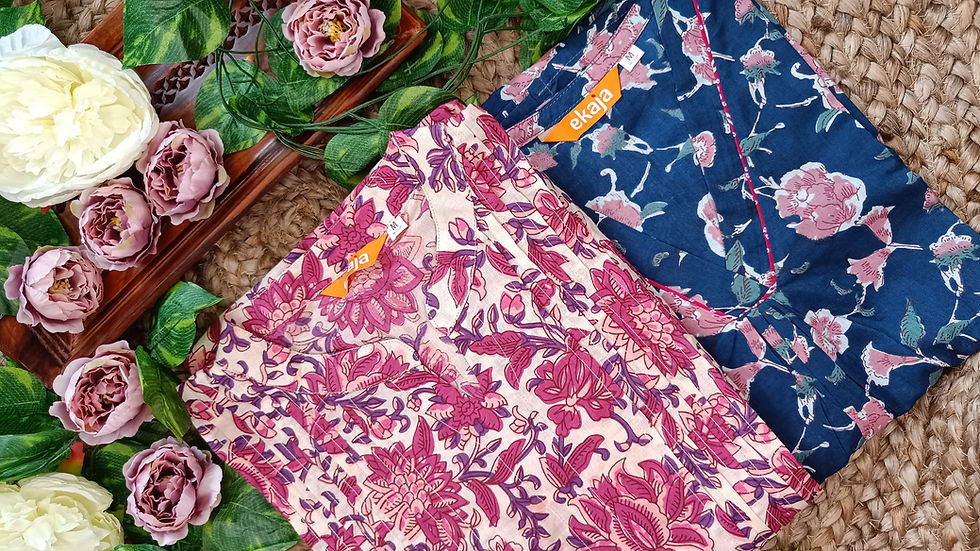 Eye-level view of a model in a colorful kurti with palazzo pants