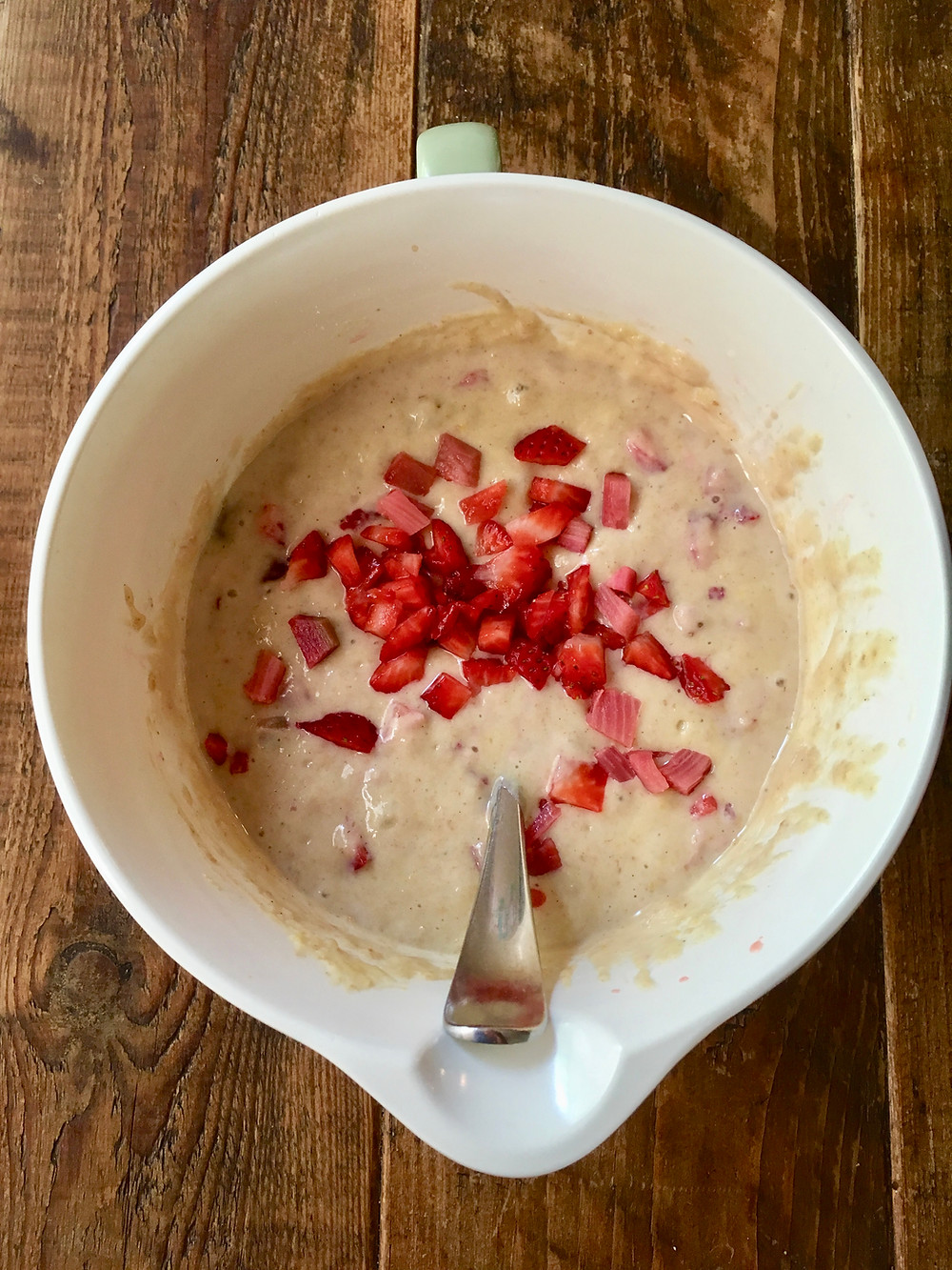 bowl of vegan, gluten-free strawberry rhubarb muffin batter