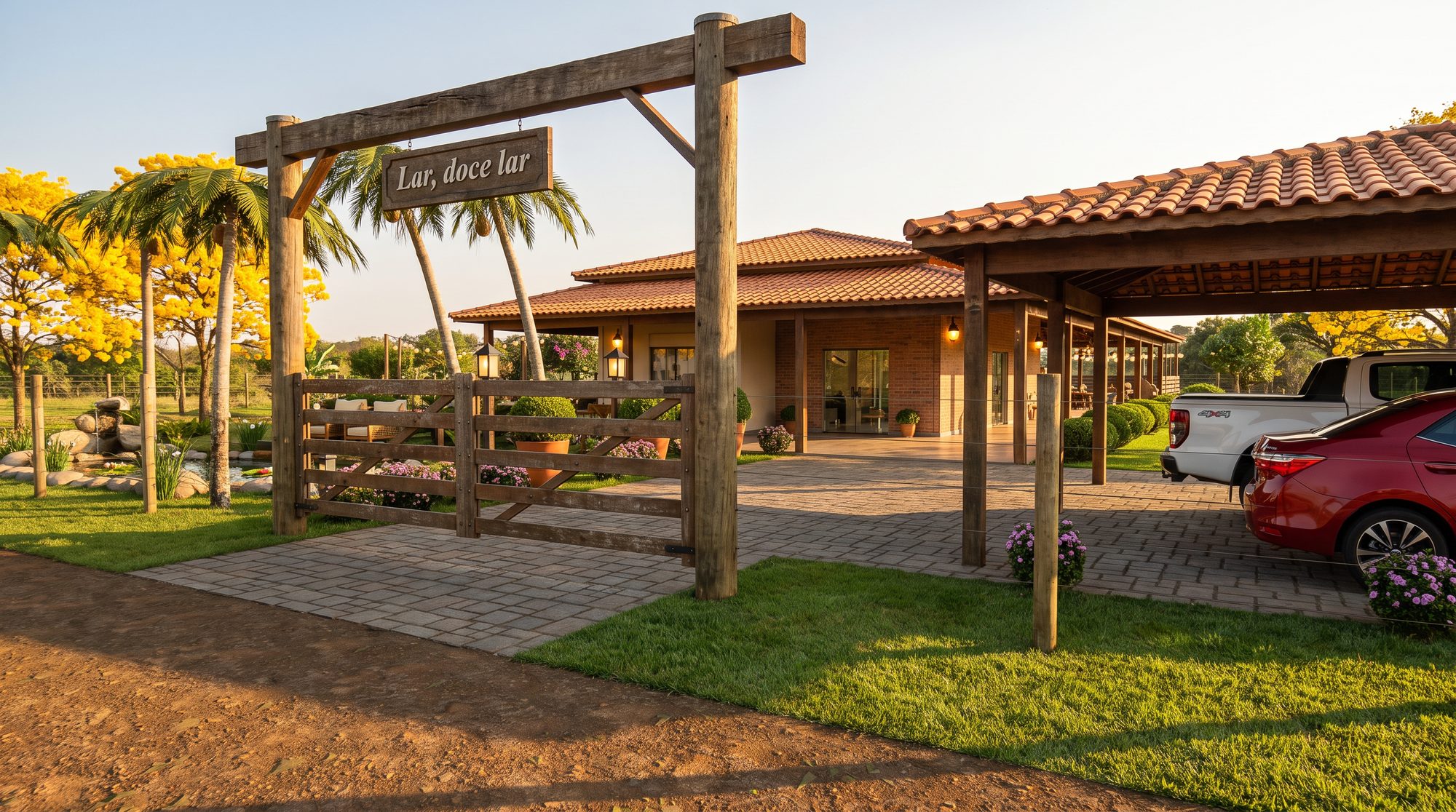 Residência de campo: Fachada, varandas e acesso
