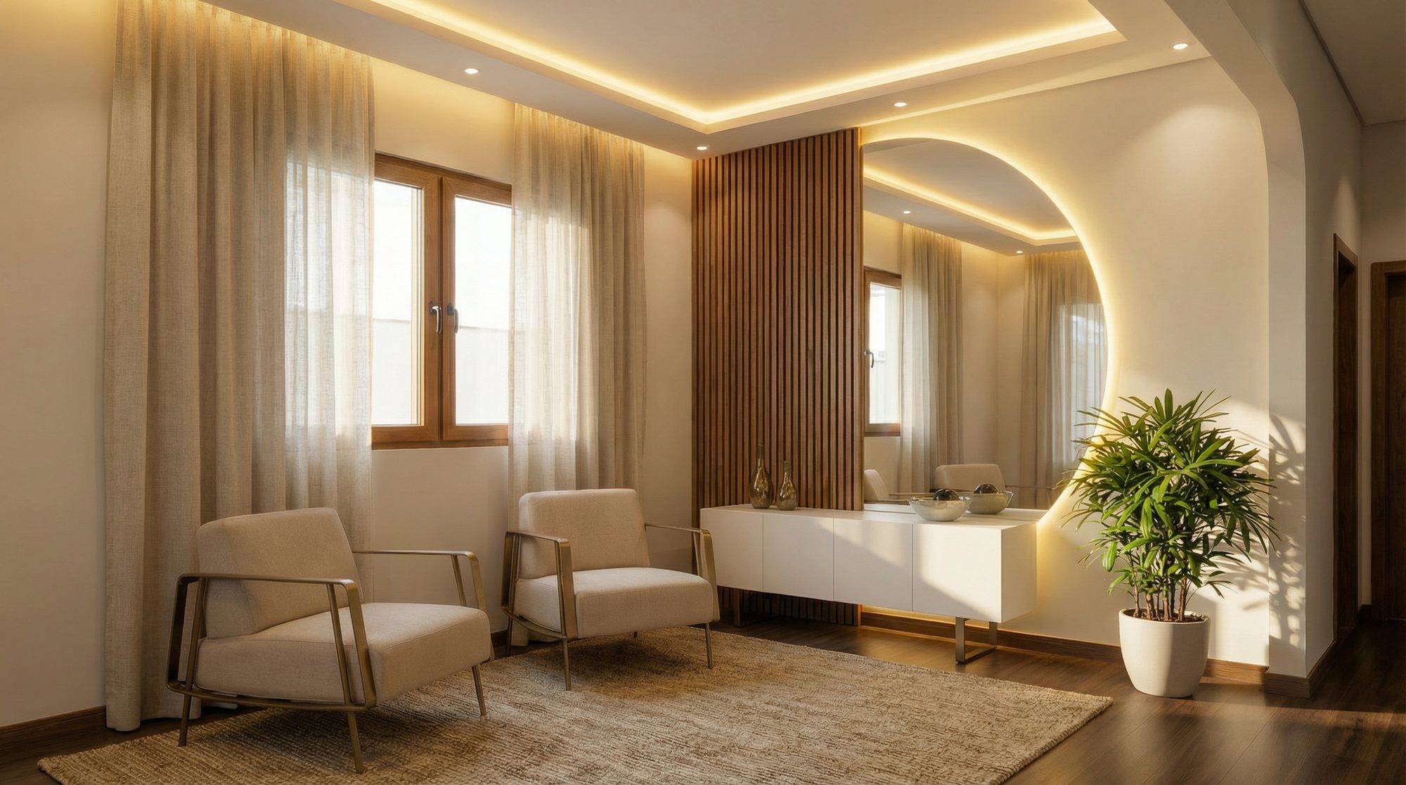 Sala de estar: Iluminação indireta e painel ripado