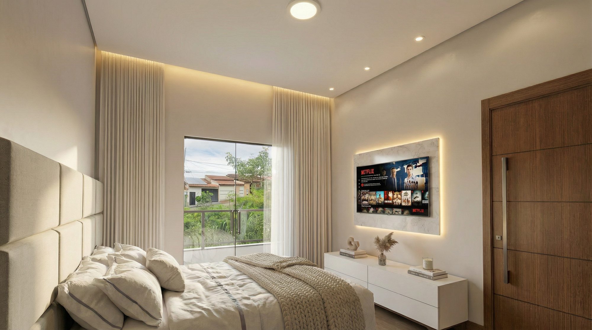 Quarto: Iluminação indireta e painel de TV