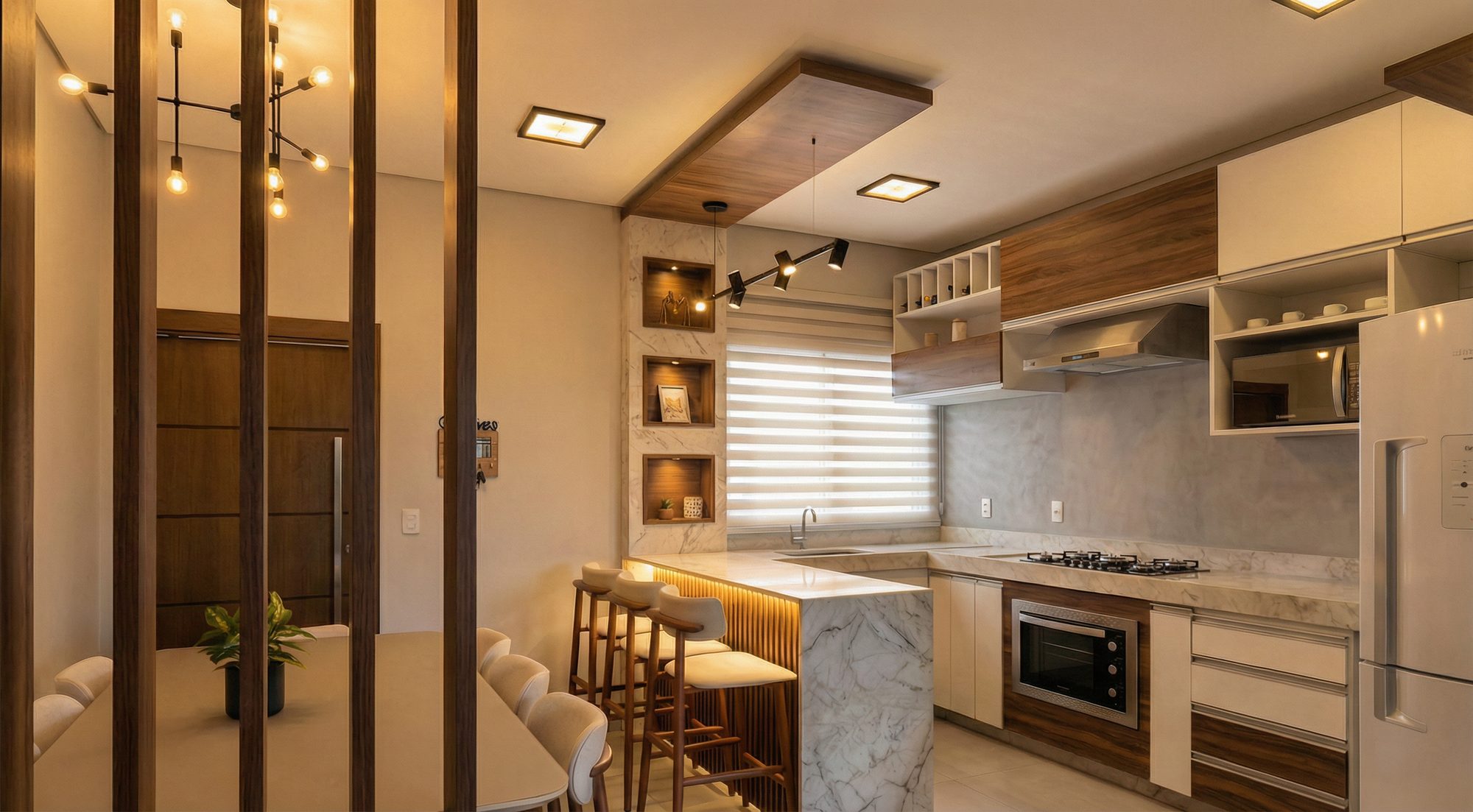 Cozinha: Península com bancada e nichos iluminados
