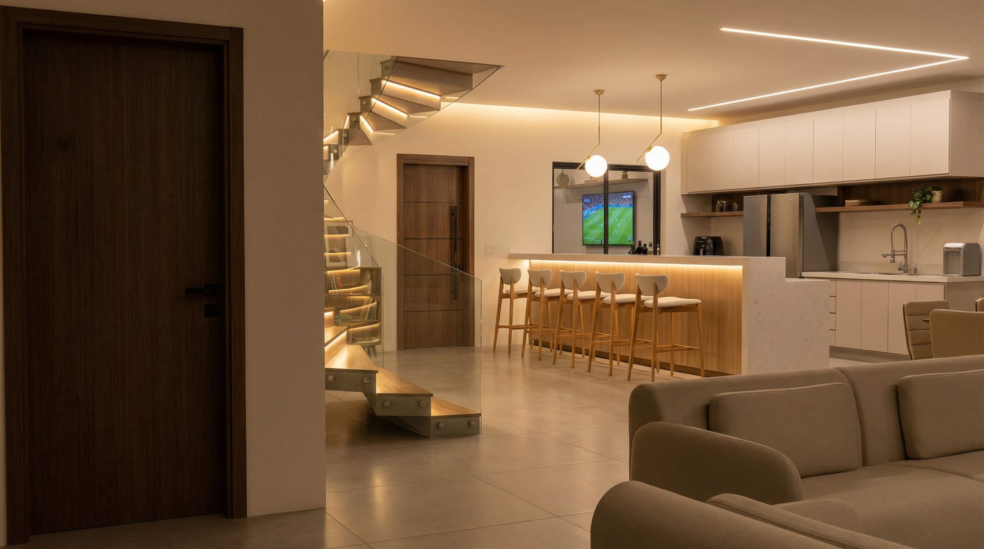 Living integrado: Sala, cozinha e escada em um só ambiente