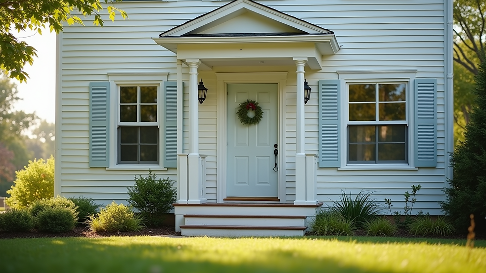 Eye-level view of a clean house exterior with well-maintained siding and windows