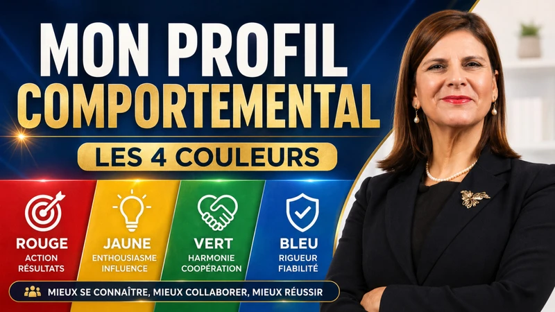 Profil comportemental 4 couleurs : rouge (action, résultats), jaune (influence, enthousiasme), vert (harmonie, coopération), bleu (rigueur, fiabilité), formation en communication et image professionnelle
