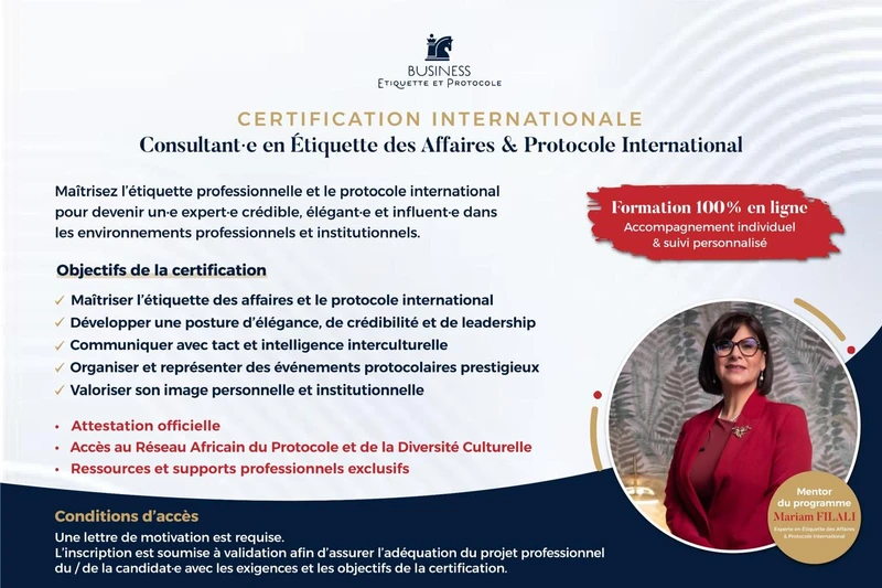 Visuel de présentation de la Certification Internationale en Étiquette des Affaires et Protocole International, formation professionnelle 100% en ligne.