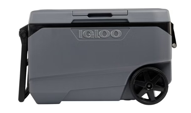 Gray Igloo 90QT Roller cooler with wheels and handle