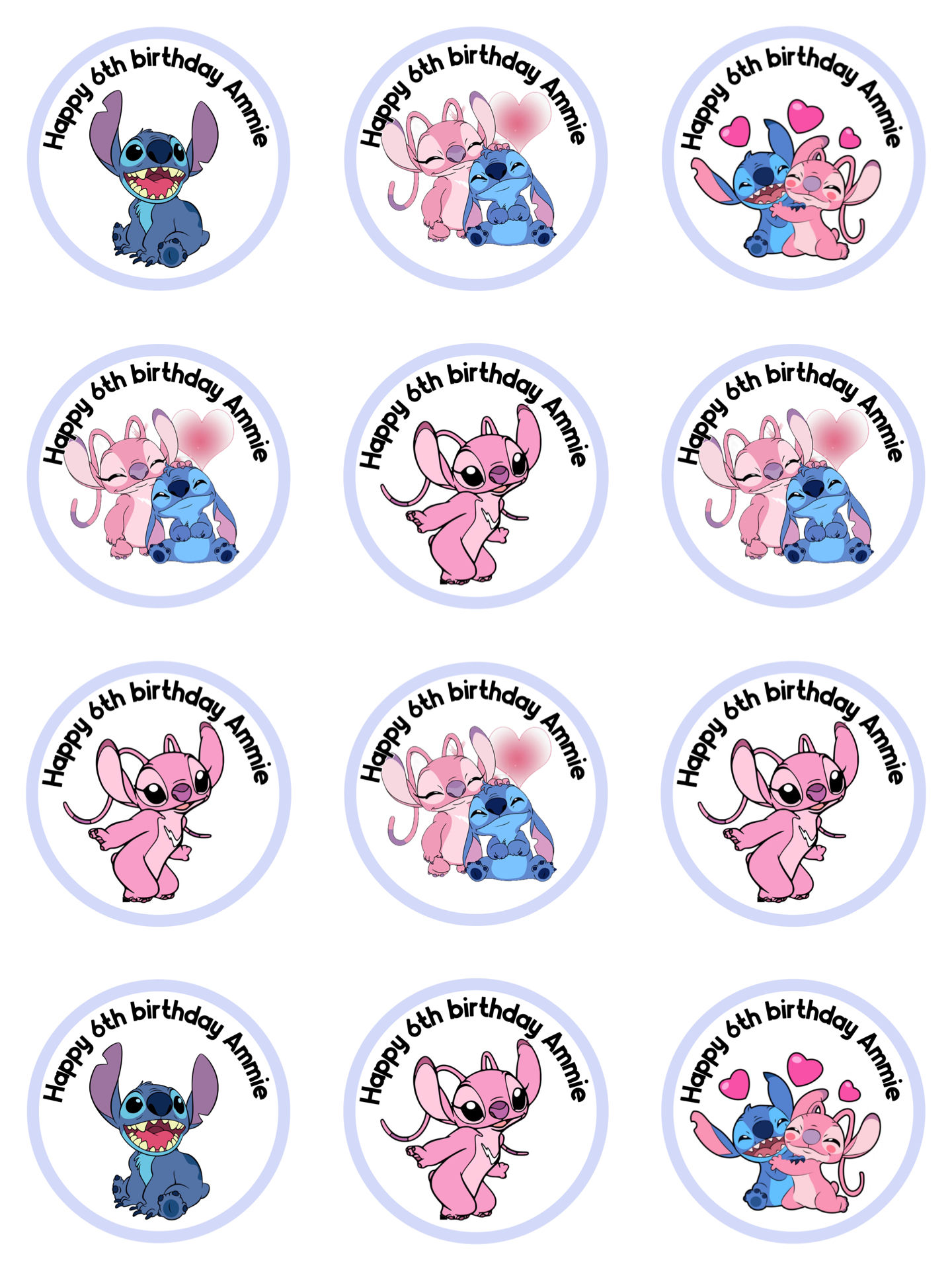 Stitch and Angel personalised edible toppers x 12