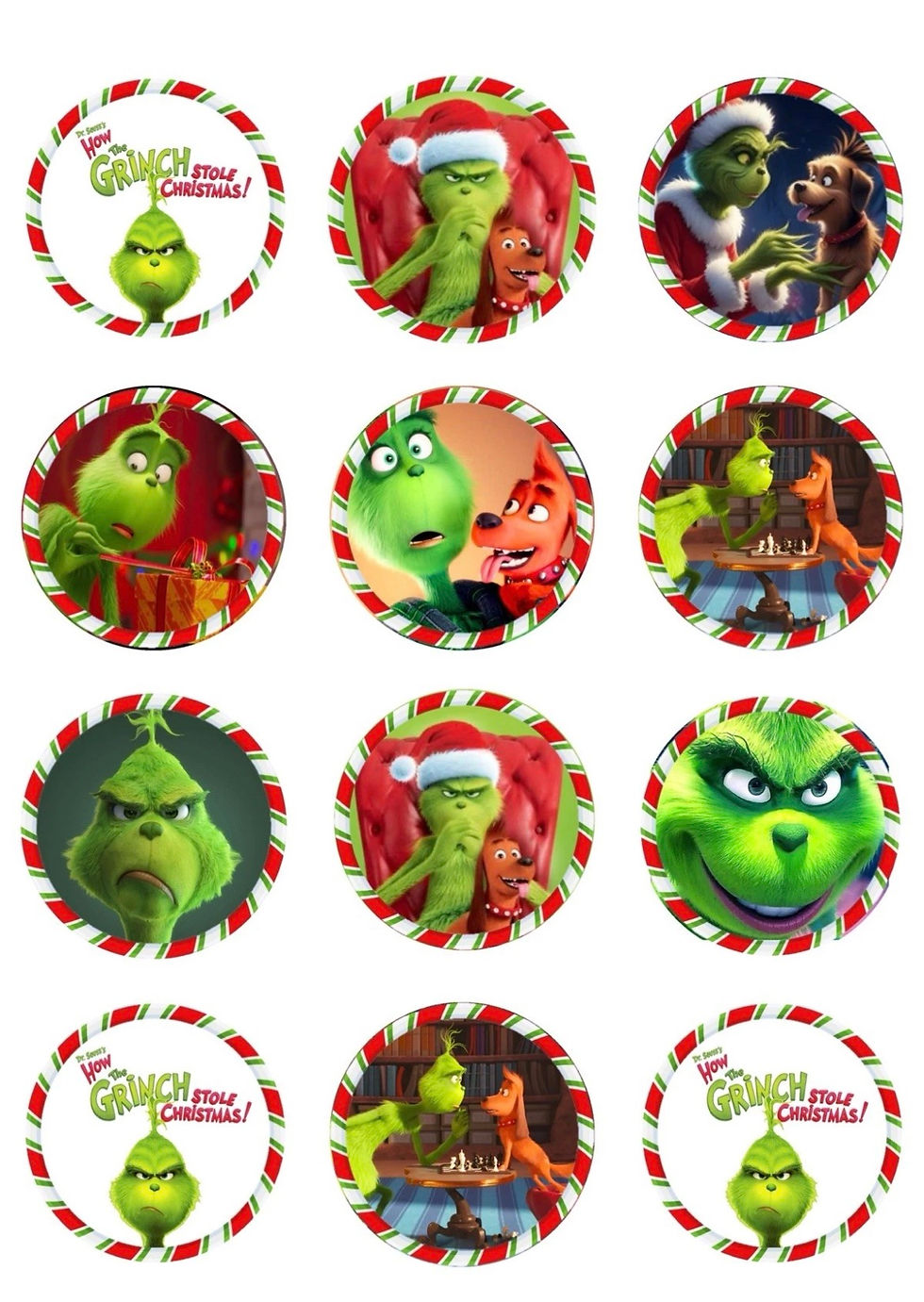 Thumbnail: 12 X Pre Cut Edible Icing The Grinch Christmas Film Drink Topper Cupcakes