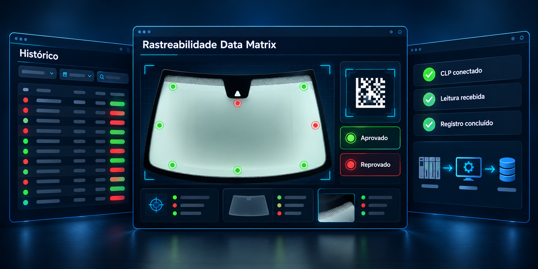 Painéis do sistema de rastreabilidade Data Matrix integrado ao CLP