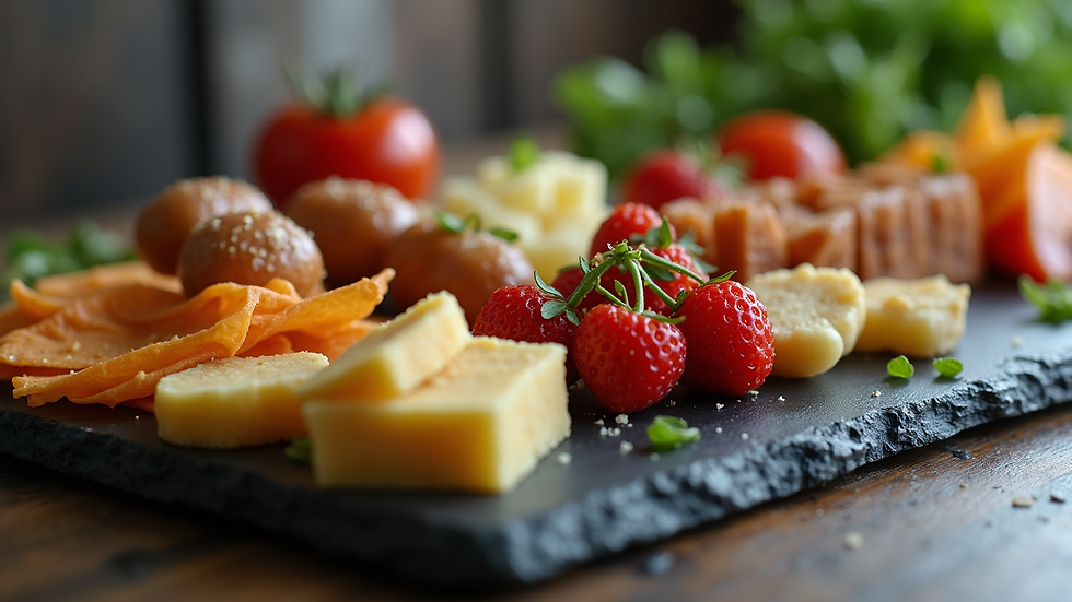 Close-up of assorted finger foods arranged on a slate platter
