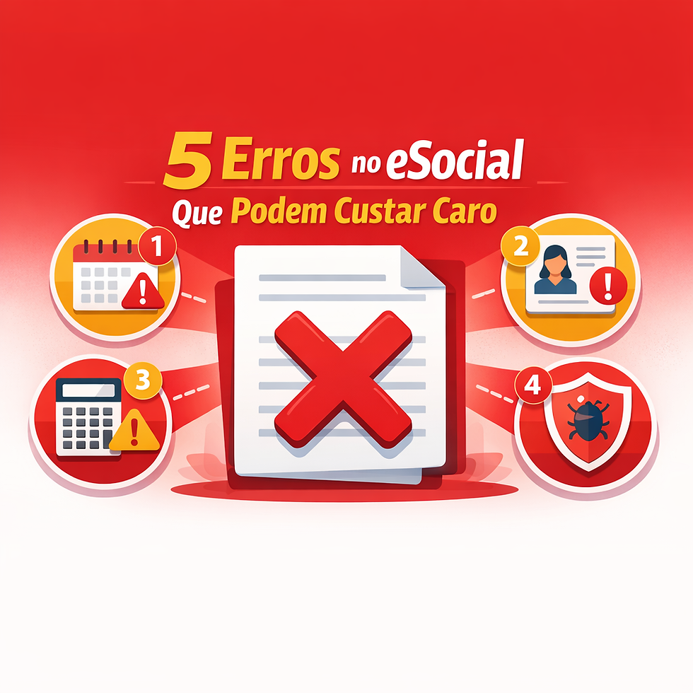 Ilustração com fundo vermelho suave mostrando um documento com X vermelho ao centro e cinco ícones numerados ao redor, representando os 5 erros mais comuns no eSocial que geram multas em 2026