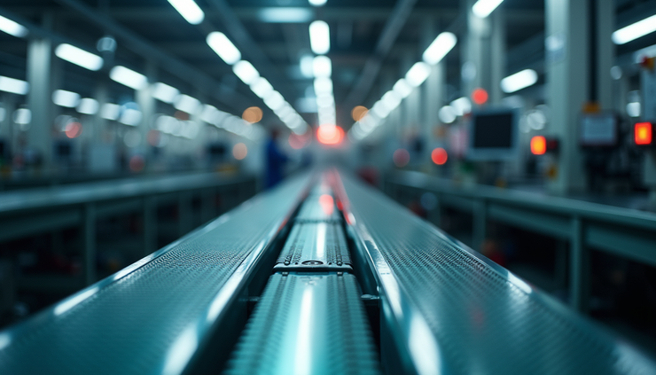Vista aérea de uma linha de produção automatizada com máquinas em operação