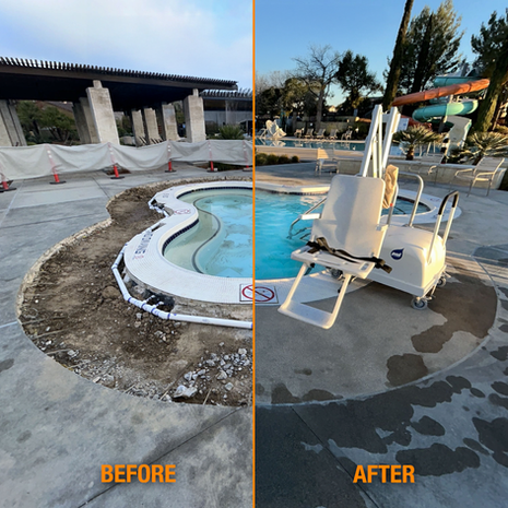Commercial pool deck resurfacing and waterslide installation Temecula CA showing before and after structural upgrades for res