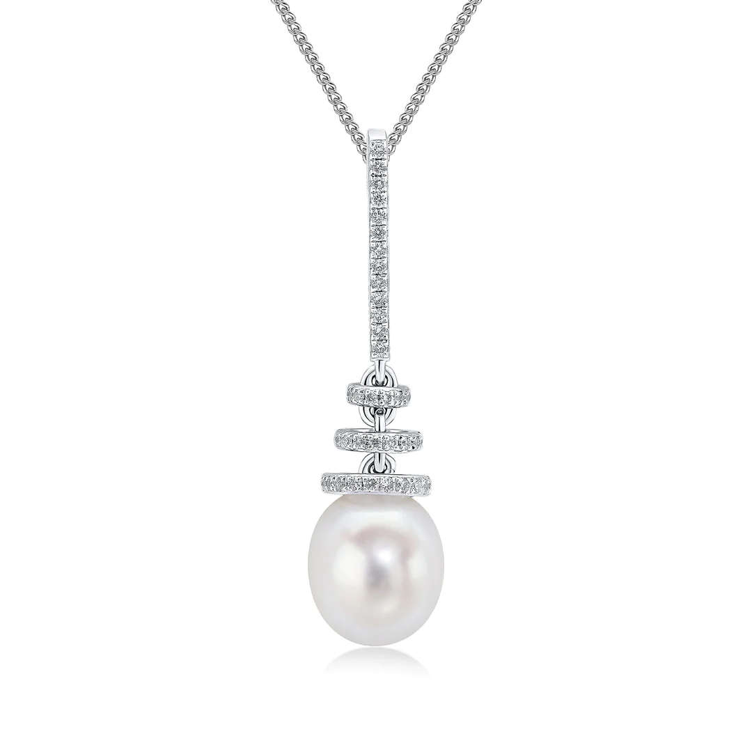 Pearl and Diamond Swirl Drop 18ct White Gold Pendant