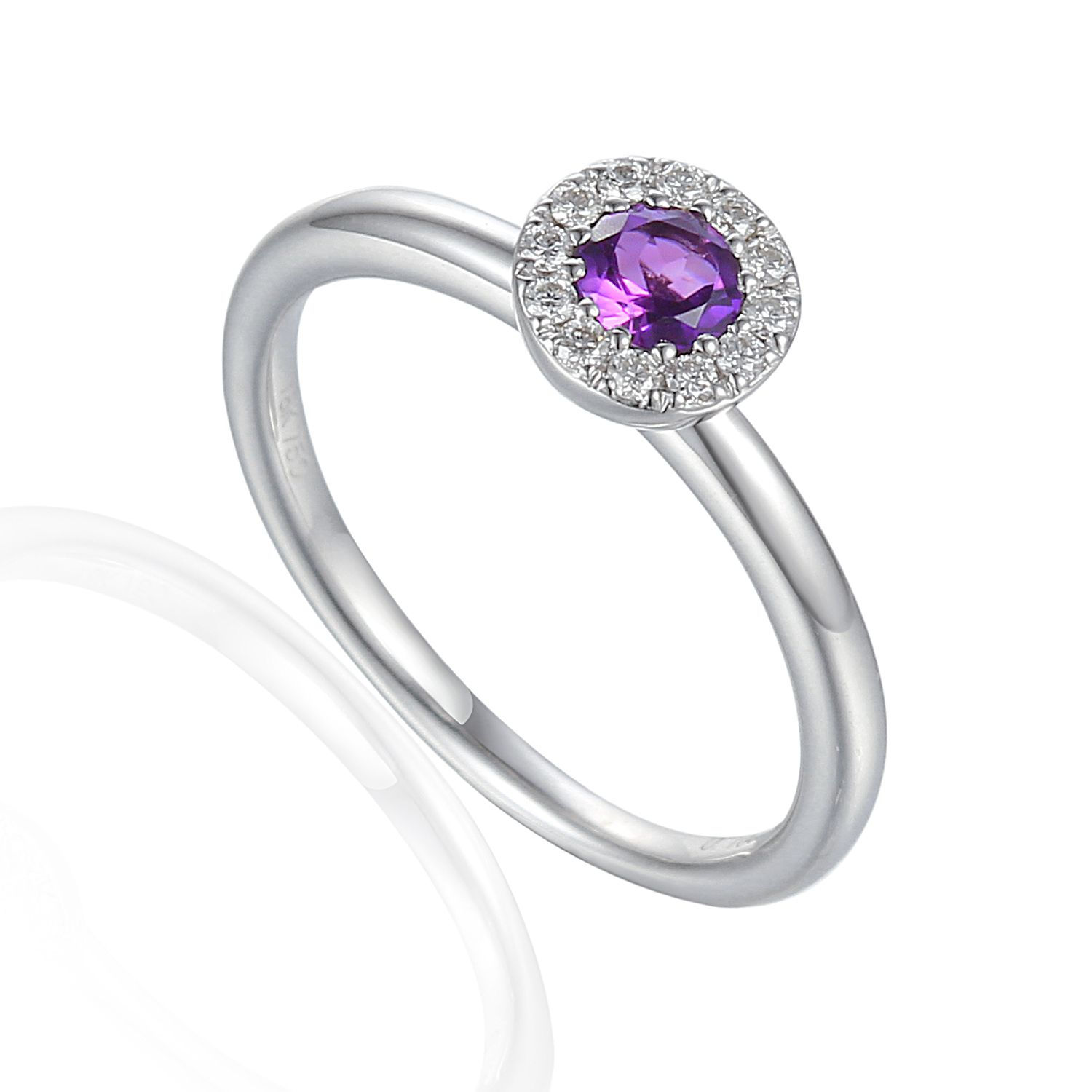 Amethyst and Diamond halo white gold ring
