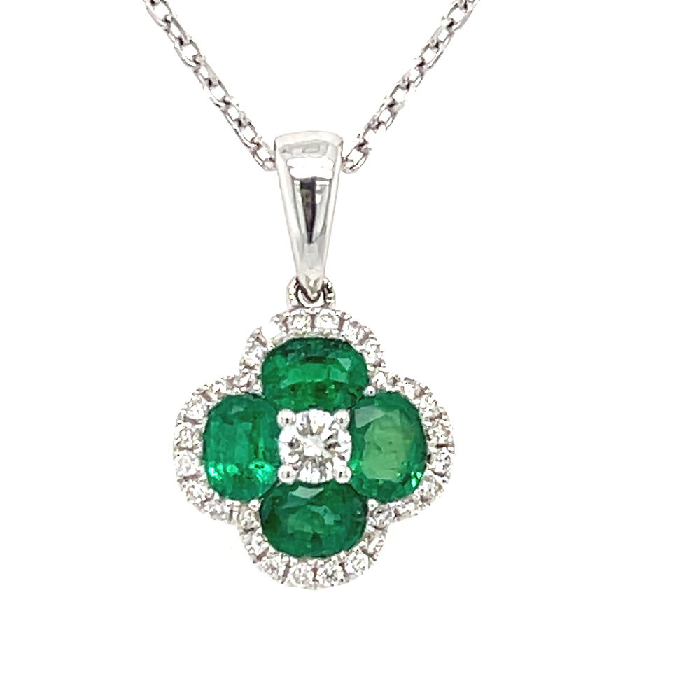 Emerald 0.68ct and Diamond 0.18ct Clover 18ct White Gold Necklace