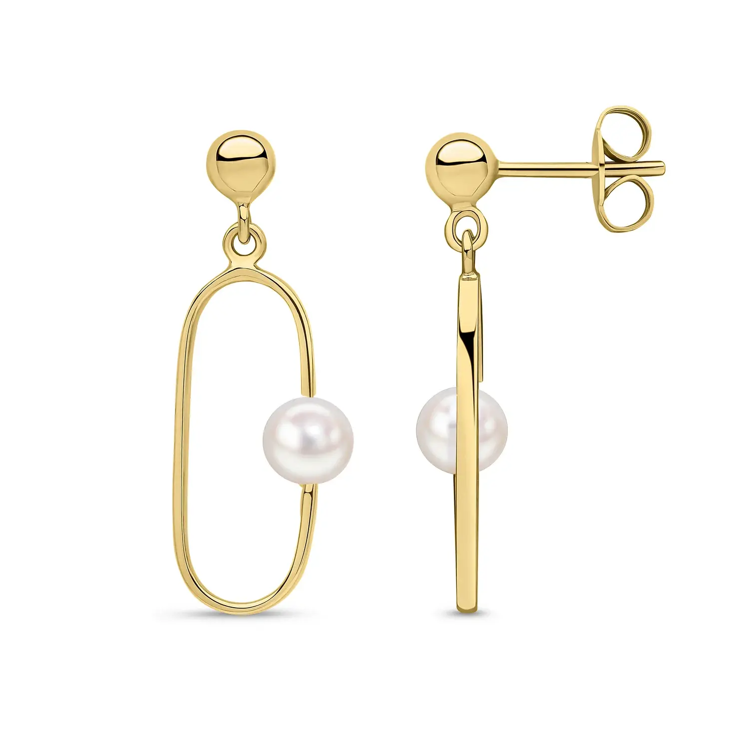 Freshwater Pearl Open Oval Yellow Gold Drop Earrings