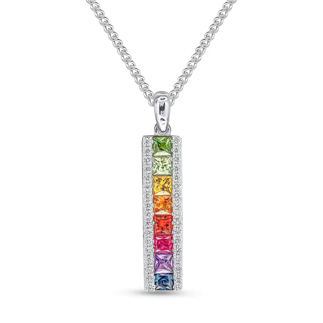 Rainbow Sapphire and Diamond 18ct White Gold Bar pendant