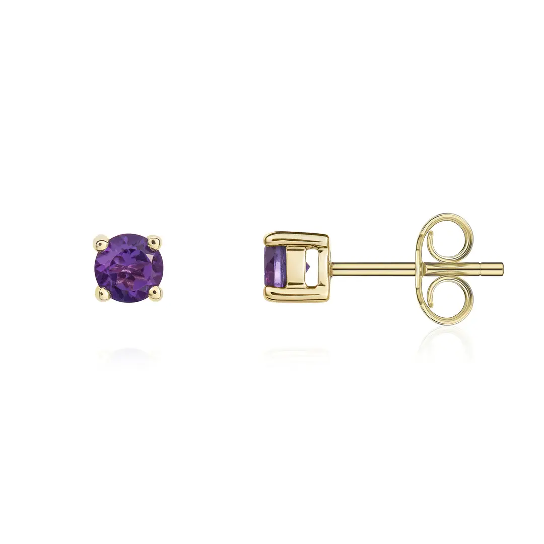 Amethyst 4mm Round Yellow Gold Stud Earrings