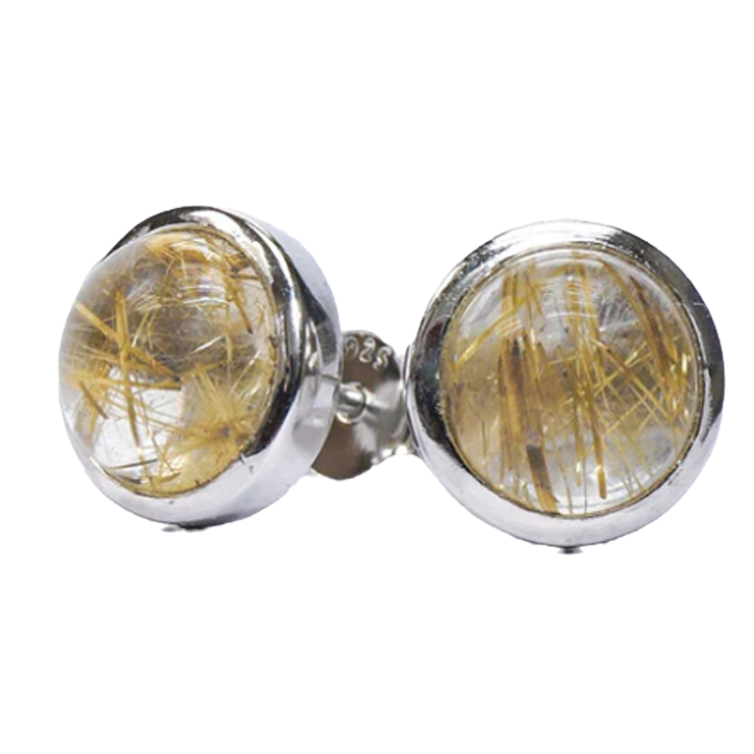 Rutilated Quartz 8mm Round Silver Stud Earrings