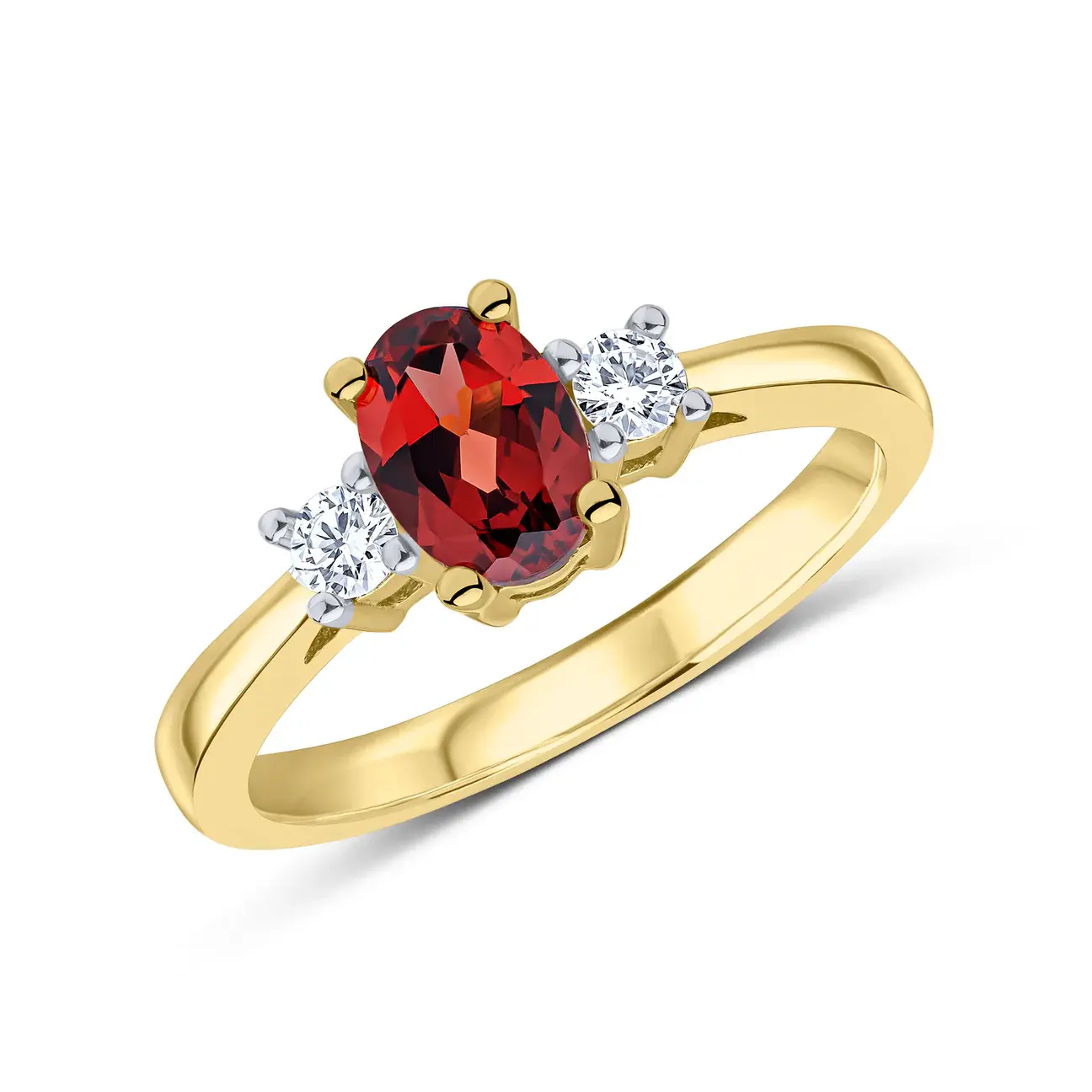 Garnet 0.95ct and Diamond 0.14ct Three Stone Yellow Gold Ring