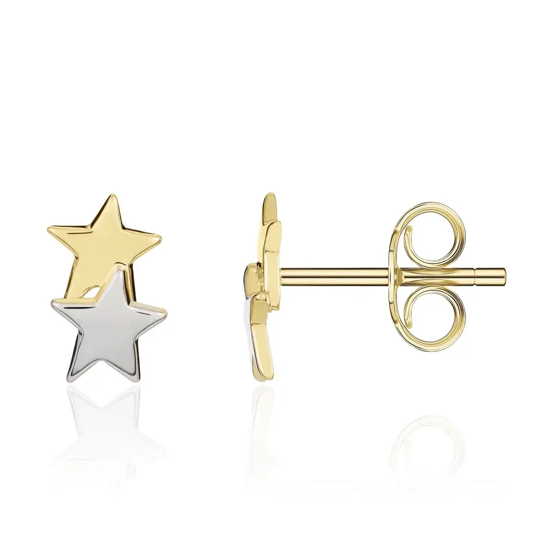 Yellow and White Gold Double Star Stud Earrings