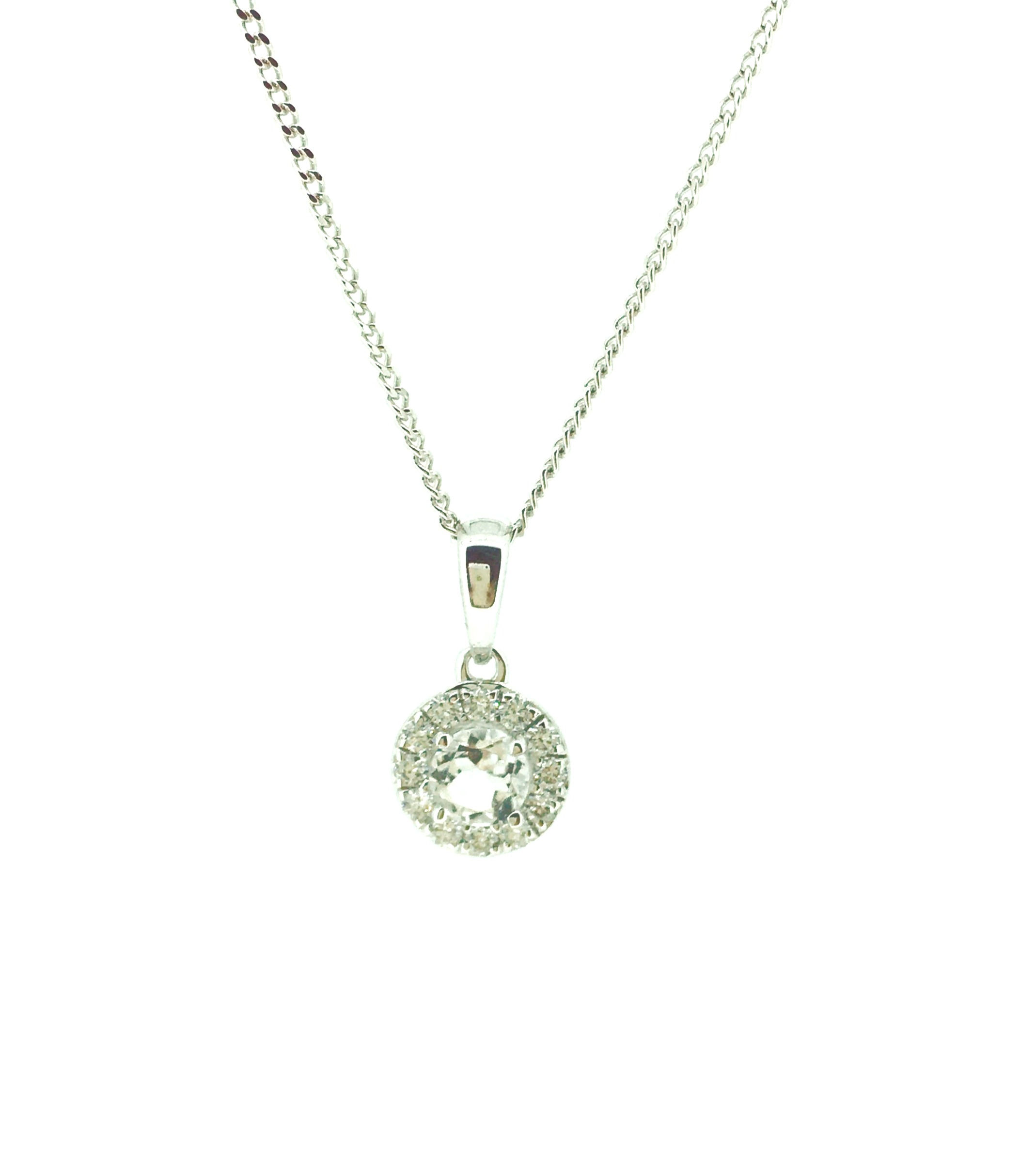 White Topaz and Diamond halo white gold pendant on chain