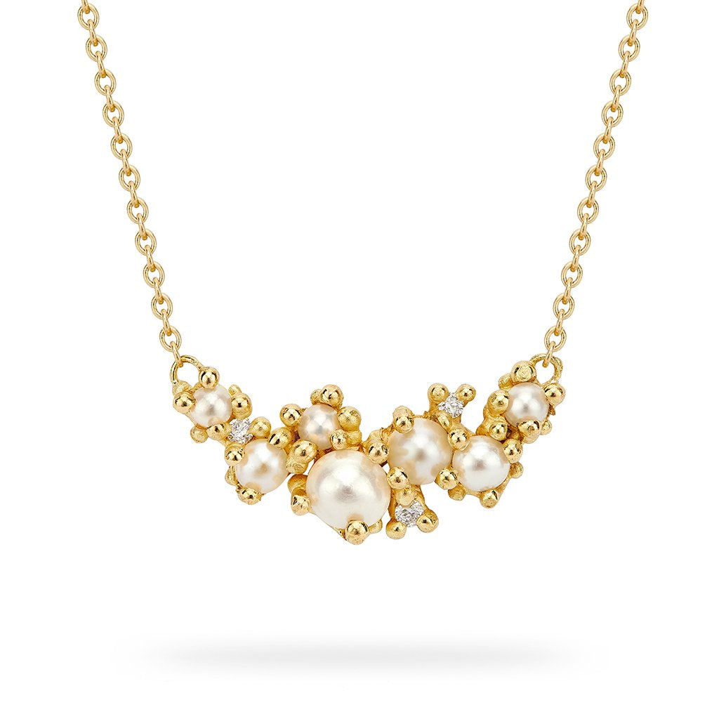 Pearl and Diamond Cluster Bar 18ct Yellow Gold necklace by Ruth Tomlinson