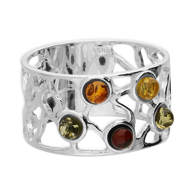 Mixed Amber Wide Open Lattice Silver Ring
