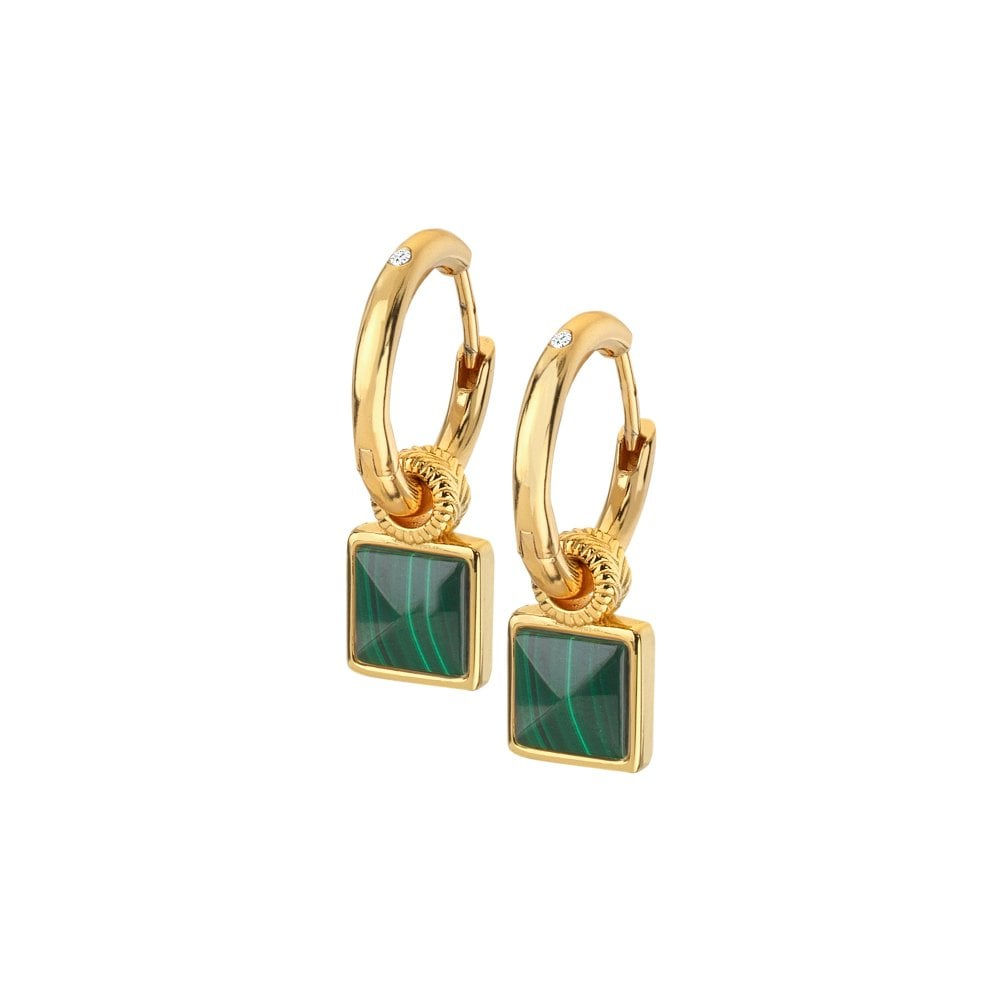 Malachite Square Revive Gold Plated Silver Drop Hoop Earrings