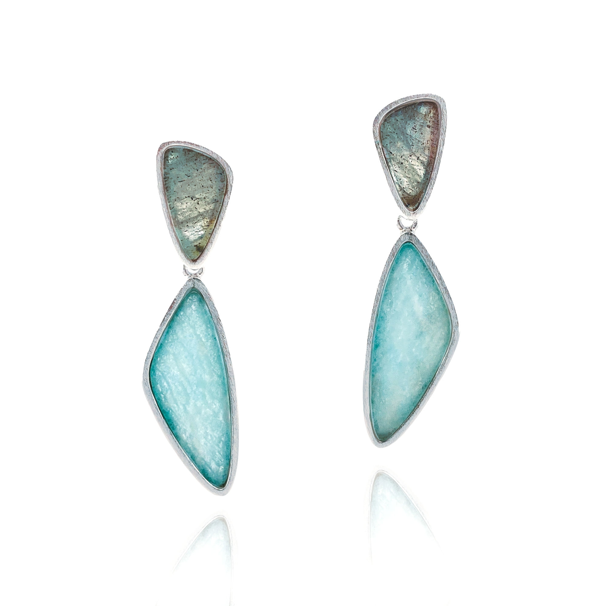 Prime Time Ladradorite and Amazonite Geometric Silver Drop Earrings