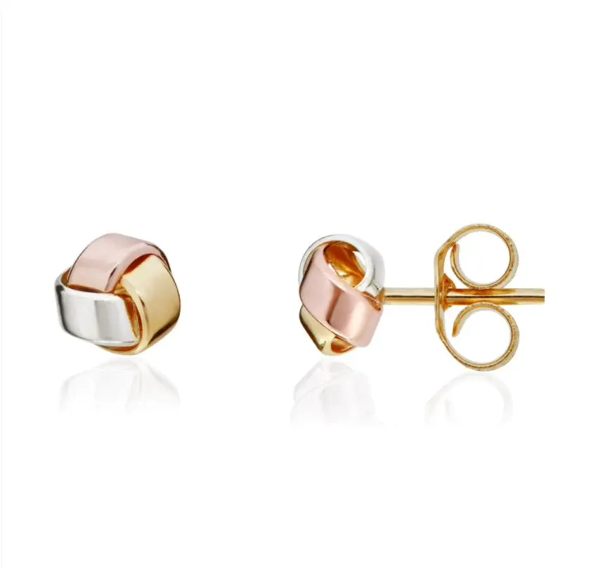 Three Tone Three Row 9ct Gold Knot Stud Earrings
