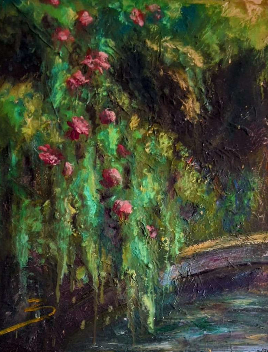 CUADRO FLORES EN EL PUENTE DE BENIGNA IZQUIERDO PINTORA DE LA GALERIA DART LA CATEDRAL EN TARRAGONA