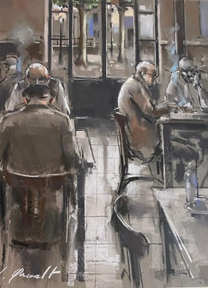 CUADRO  EN EL CAFE CON AMIGOS  DE JAUME QUERALT PINTOR DE LA GALERIA DART LA CATEDRAL EN TARRAGONA