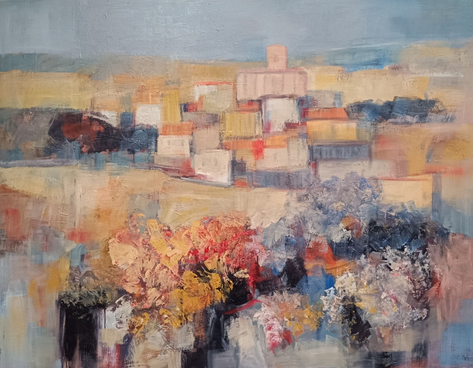 CUADRO PAISAJE DE ARAGON CON FLORES DE VALENTIN MANTEROLA PINTOR DE LA GALERIA DART LA CATEDRAL EN TARRAGONA